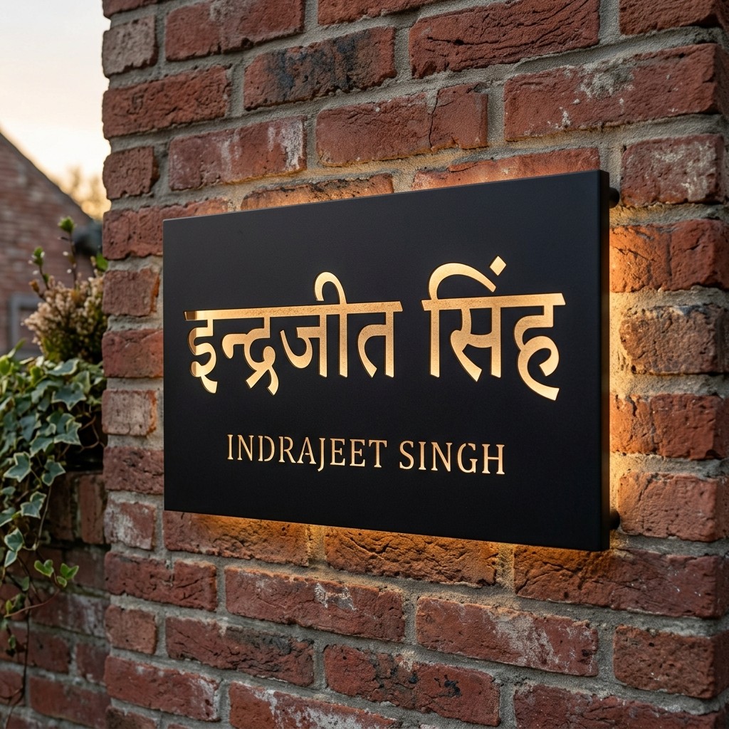 Custom Hindi Script Outdoor Nameplate (Indrajeet Singh) — Décor, Mild Steel (Powder Coated) by VEEPEE Engineers