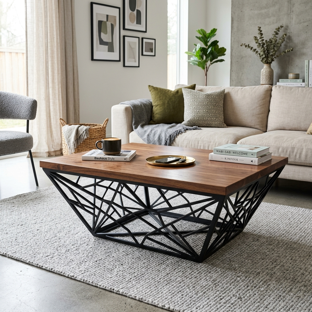 Geometric Laser-Cut Coffee Table — Furniture, Mild Steel & Solid Walnut by VEEPEE Engineers