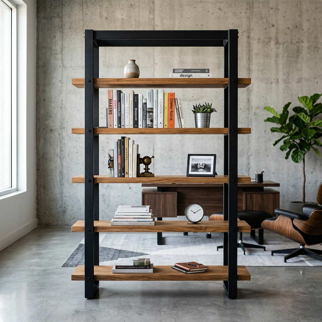 Modern Industrial Bookshelf / Shelving Unit — Furniture, Heavy-Duty Steel & Solid Teak by VEEPEE Engineers