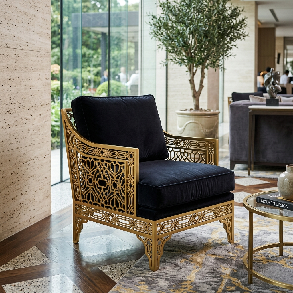 Art Deco Laser-Cut Accent Chair — Furniture, Stainless Steel (Gold PVD) & Premium Velvet by VEEPEE Engineers